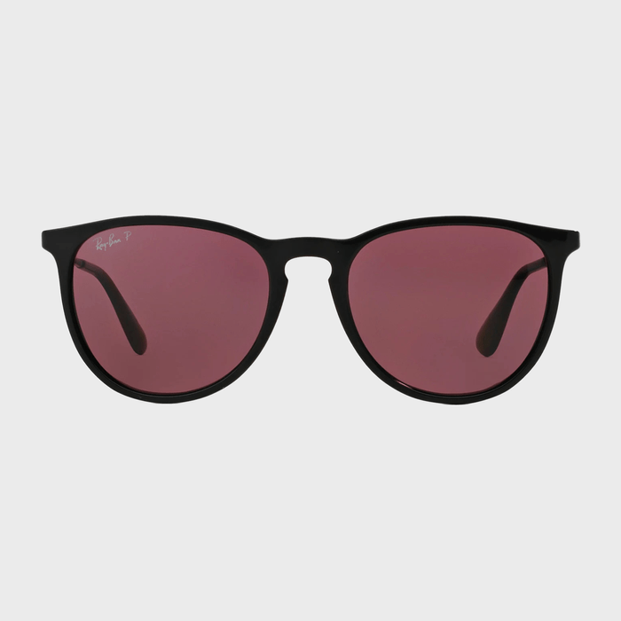 Sunglasses with black frame, featuring pink lenses, displayed against a plain white background.