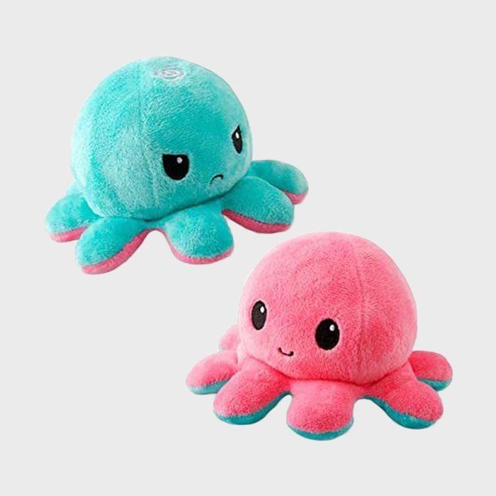 Two plush octopuses display emotions; a blue one looks angry, and a pink one looks happy, set against a plain background.
