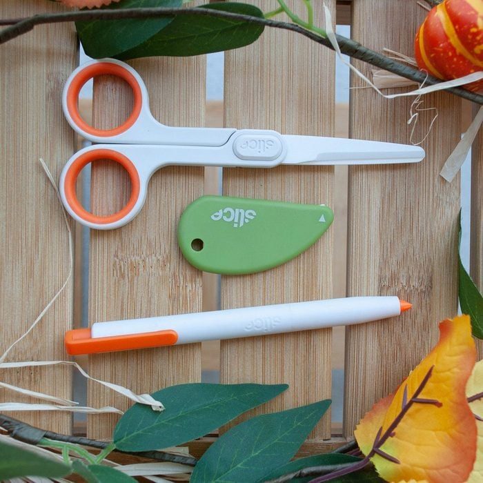 Scissors, safety cutter, and pen lay on wooden slats, surrounded by autumn leaves and branches. All items are labeled 