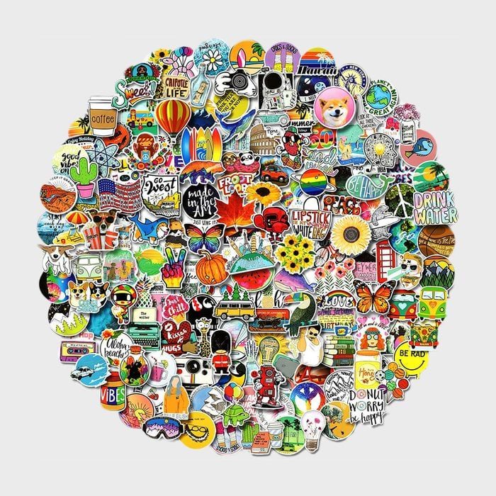 Sticker collage features colorful, diverse designs and phrases like 