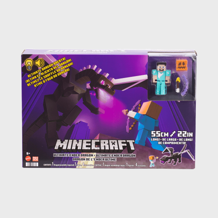 Black dragon and Minecraft character action figure displayed on a purple toy box. Text: 