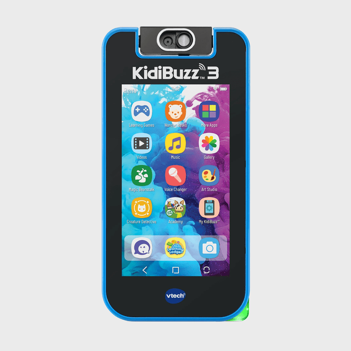Device displays colorful apps; features games, music, and camera icon; titled 
