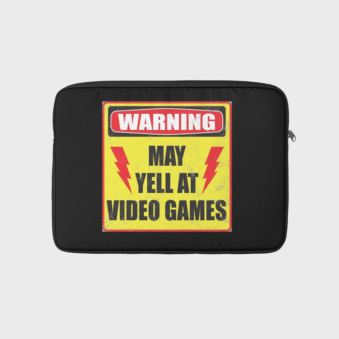 Laptop case features warning sign graphic, indicating 