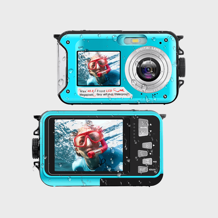 Waterproof camera displays underwater diver; droplets cover blue surface. Text includes: 
