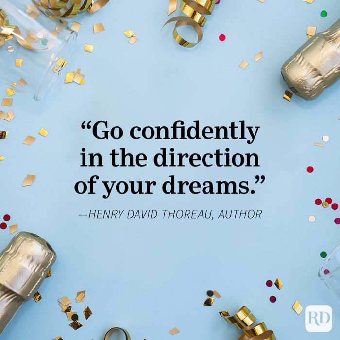 New Year's Quotes on confetti, sequin and champagne bottle background blue
