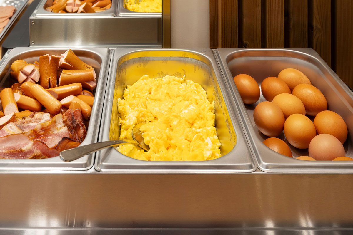 Hot Sausages Ham Scrambled And Boiled Eggs
