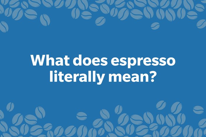 Coffee Trivia Question on a frame of coffee beans graphic dark blue