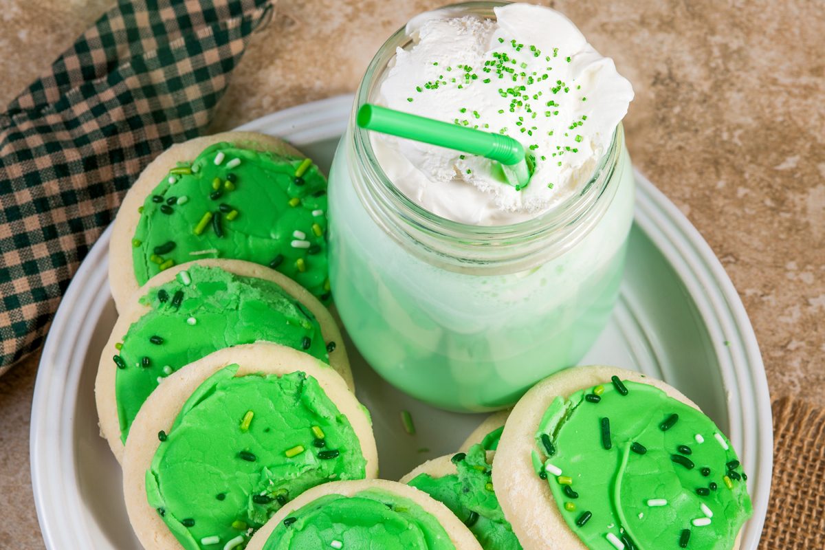 St Patricks Day Sugar Cookies And Milkshake With Whipped Cream