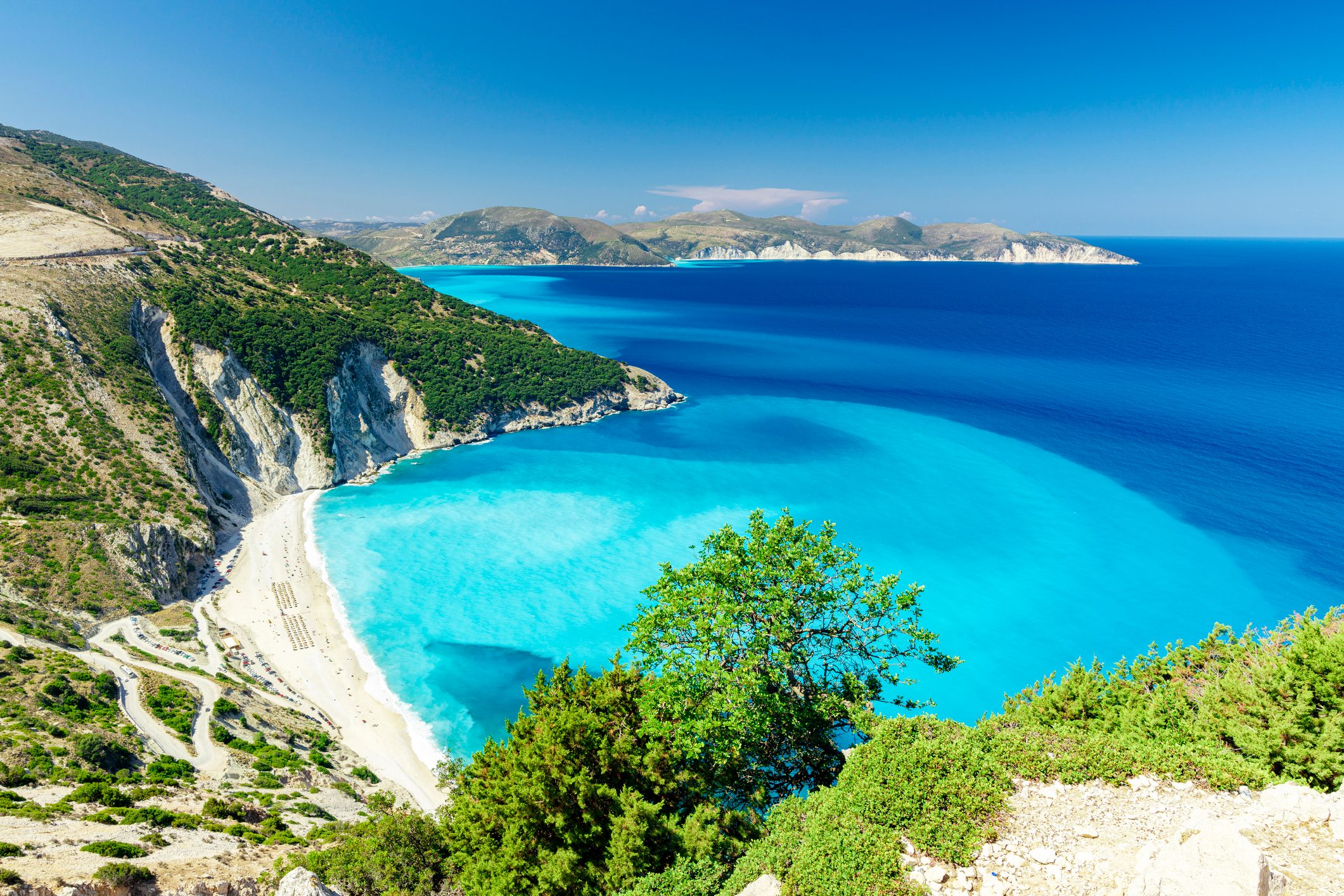 Aerial view of Myrtos beach in Greece