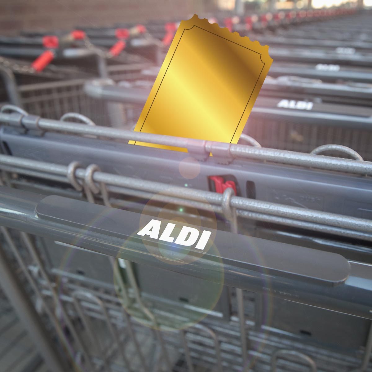 Aldi shopping cart with a shining golden ticket sticking out of it