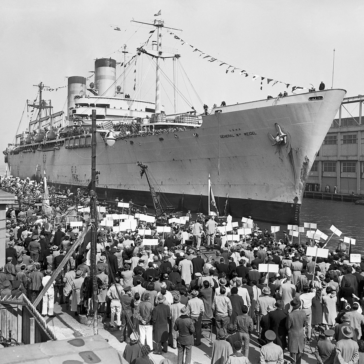 A large crowd gathers at a dock to greet a ship covered with flags and banners. The ship is moored at the pier, and people are holding signs as they look toward the vessel. Buildings are visible in the background.