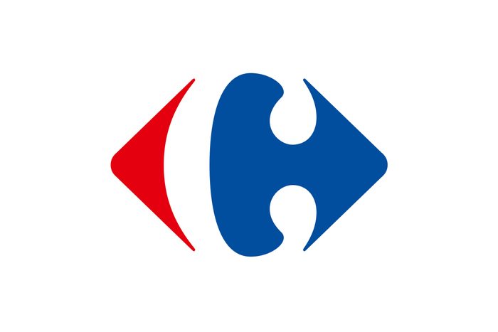 Carrefour logo formed from the silhouettes of red and blue and an omission of the letter c in the centre with white negative space area.