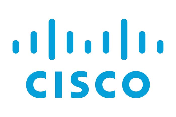 Blue vertical bars form a bridge above the text "CISCO" on a white background.