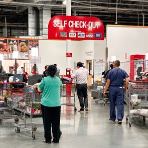 Self check-out lines in Costco store