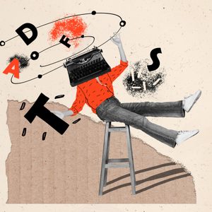 collage image of headless woman, typewriter machine, oldschool print,mechanical buttons and keyboard letters