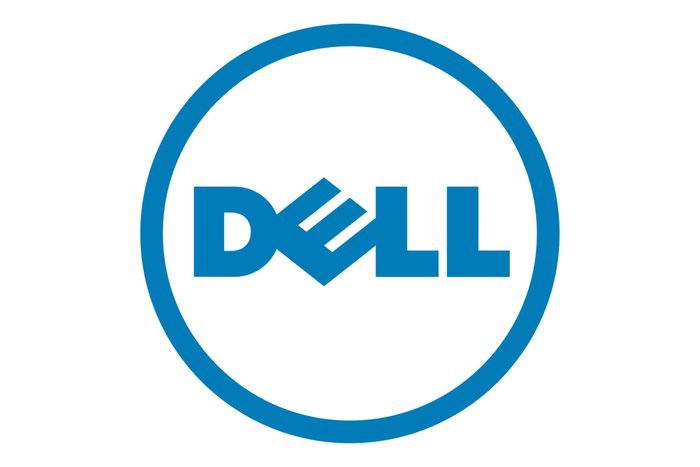 Blue "DELL" logo sits inside a circular outline on a white background.