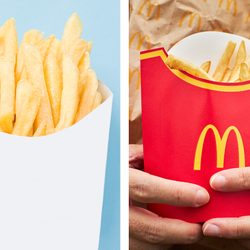 Side-by-side comparison of french fries: on the left, fries in a plain white container; on the right, fries in a red McDonald's container held by two hands.