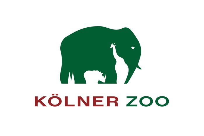 Silhouetted animals (elephant, giraffe, rhinoceros) are placed within the zoo logo. Bold text below reads "KÖLNER ZOO."