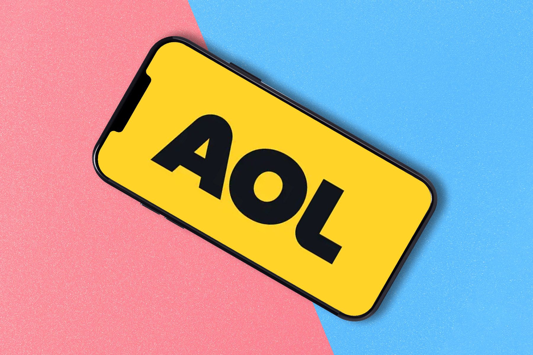 AOL logo seen displayed on a smartphone on pink and blue background.