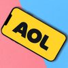 AOL logo seen displayed on a smartphone on pink and blue background.