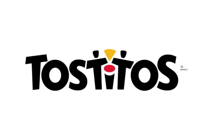 The word "Tostitos" features two people sharing a chip above a bowl of salsa in the middle letters, on a white background.
