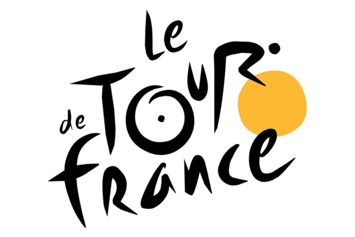 Stylized text reads "Le Tour de France" with a yellow circle symbolizing the sun or a bicycle wheel. White background enhances the design.