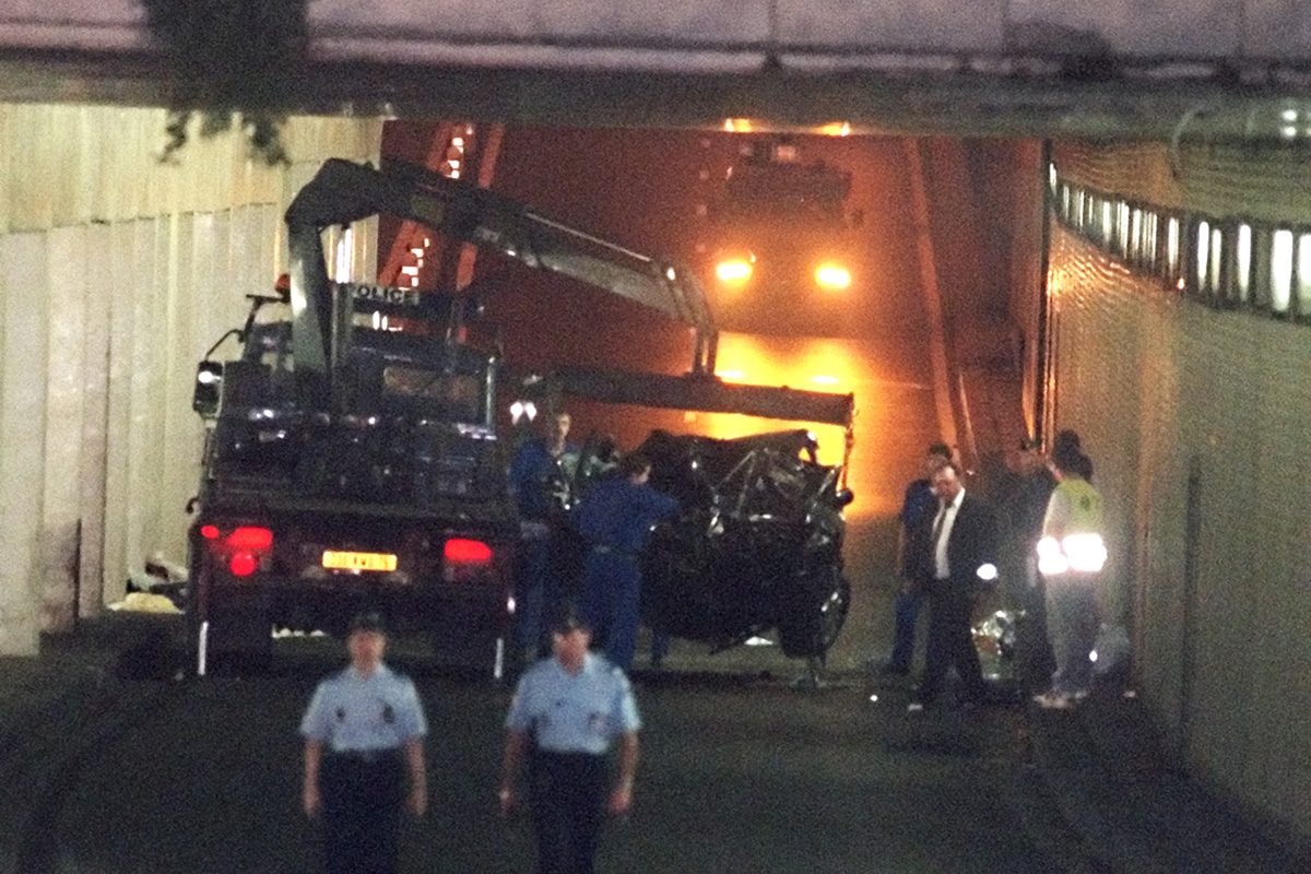 wreckage of Princess Diana's car in the Alma Tunnel of Paris