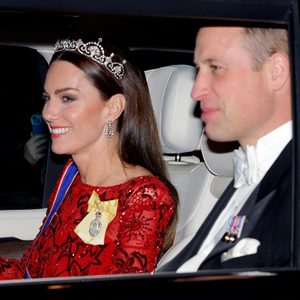Catherine, Princess of Wales and Prince William, Prince of Wales depart after attending the annual Reception for Members of the Diplomatic Corps at Buckingham Palace